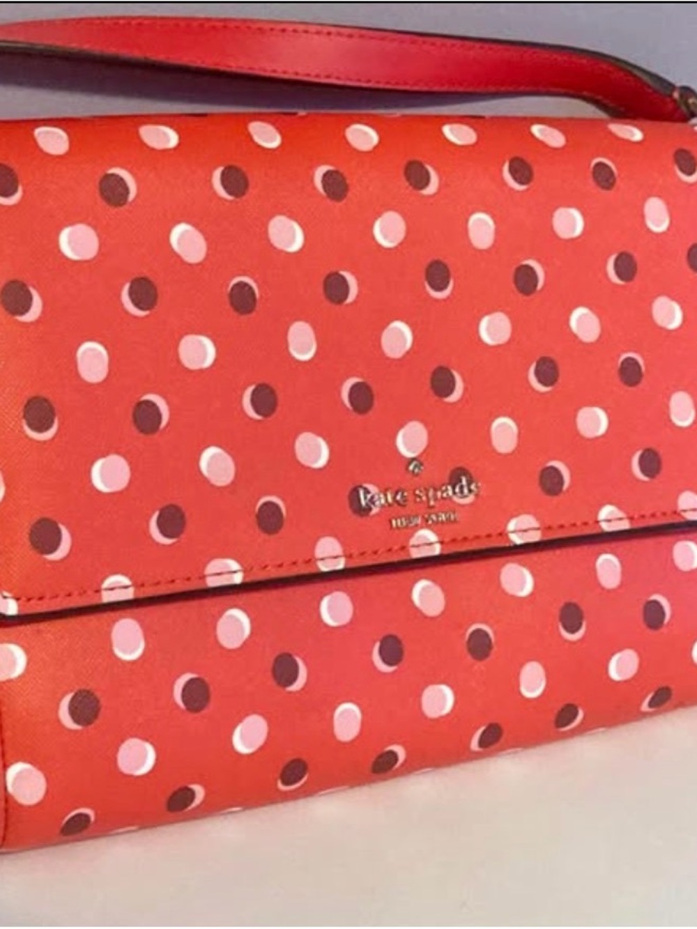 kate spade Coral Polka Dot Wristlet with Pink and Brown Dots
